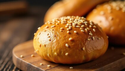 Golden brown sesame seed bun, perfect texture, bread, texture, image