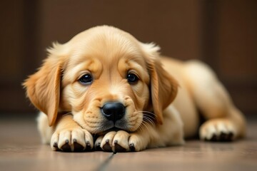 Golden retriever puppy lies down, ears flopped , canine, retriever puppy