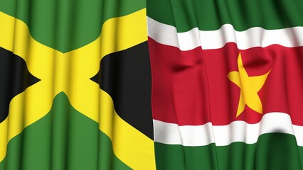 Flags of JAMAICA and SURINAME with realistic cloth texture