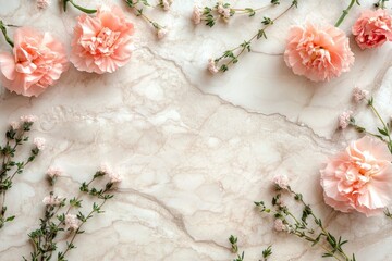 Delicate arrangement of pink flowers on a light beige marble surface.