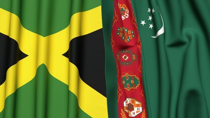 Flags of JAMAICA and Turkmenistan with realistic cloth texture