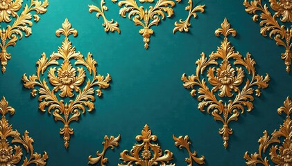 Intricate floral damask pattern in deep teal and gold , interior, decor