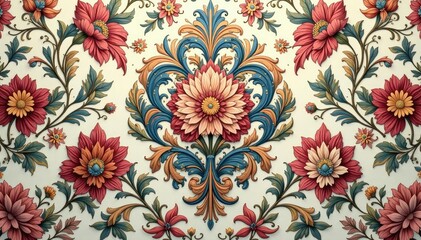 Intricate floral damask pattern in muted tones, graphics, ornate, repeat