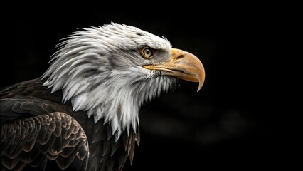 Obraz premium Majestic bald eagle close-up with sharp eyes and beak isolated on black background – symbol of strength and freedom.