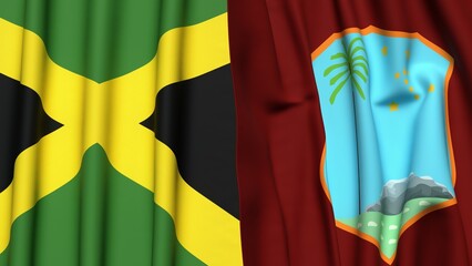 Flags of JAMAICA and West Indies with realistic cloth texture