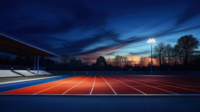 Empty athletic track at twilight, with stadium seating and illuminated running lanes.  Dark sky transitions to vibrant sunset behind trees