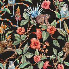 Tropical Jungle Pattern with Exotic Animals and Flowers , Watercolor hand drawn Illustration