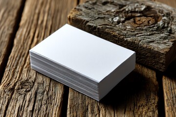 Fototapeta premium Elegant plain white business card on natural wood texture, perfect for minimalist branding, professional mockups, and clean design inspiration. Isolated on wooden background.