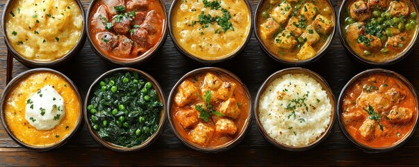 Ten diverse bowls of savory dishes, including creamy sauces, vegetable sides, and hearty stews, presented in rustic bowls on a dark wooden surface