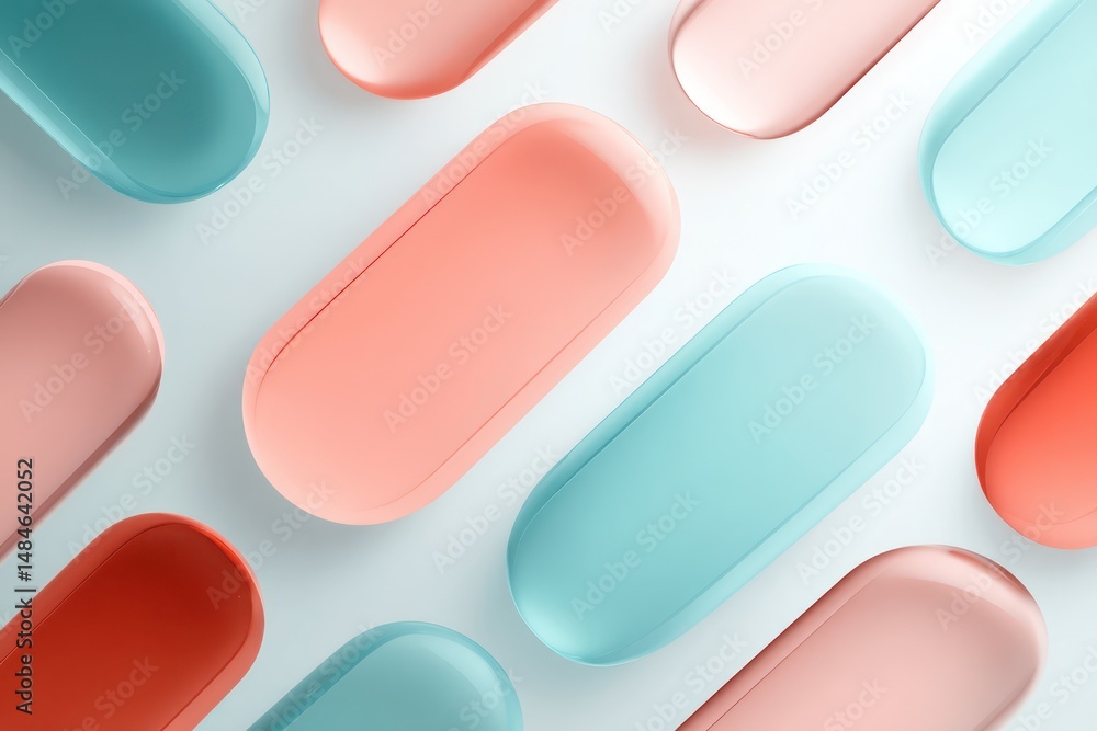 Poster floating liquid rectangles and ovals in teal and coral pink form a symmetrical design on a gradient 