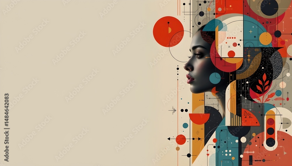 Poster artistic representation of a woman's face embellished with colorful shapes and patterns