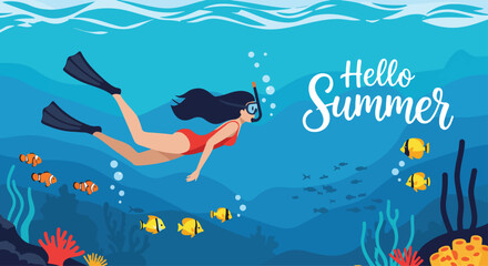 Adobe Illustrator Artwork Summer activity: Flat vector illustration with "Hello Summer" text, depicting a woman snorkeling underwater with colorful fish and coral reefs. Enjoying summer ocean