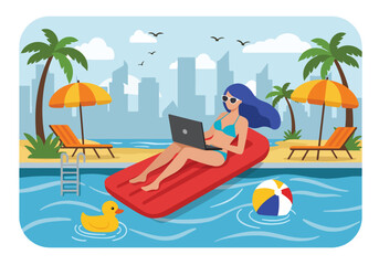 Adobe Illustrator Artwork Summer activity: Flat vector illustration of a woman working remotely on a laptop while floating in a pool with a city skyline backdrop. Summer workation vibes