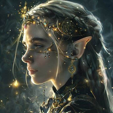 A young woman with pointed ears and golden jewelry gazes contemplatively into the distance, her striking blue eyes and elegant appearance set against a dramatic, dark-and-light-toned backdrop.
