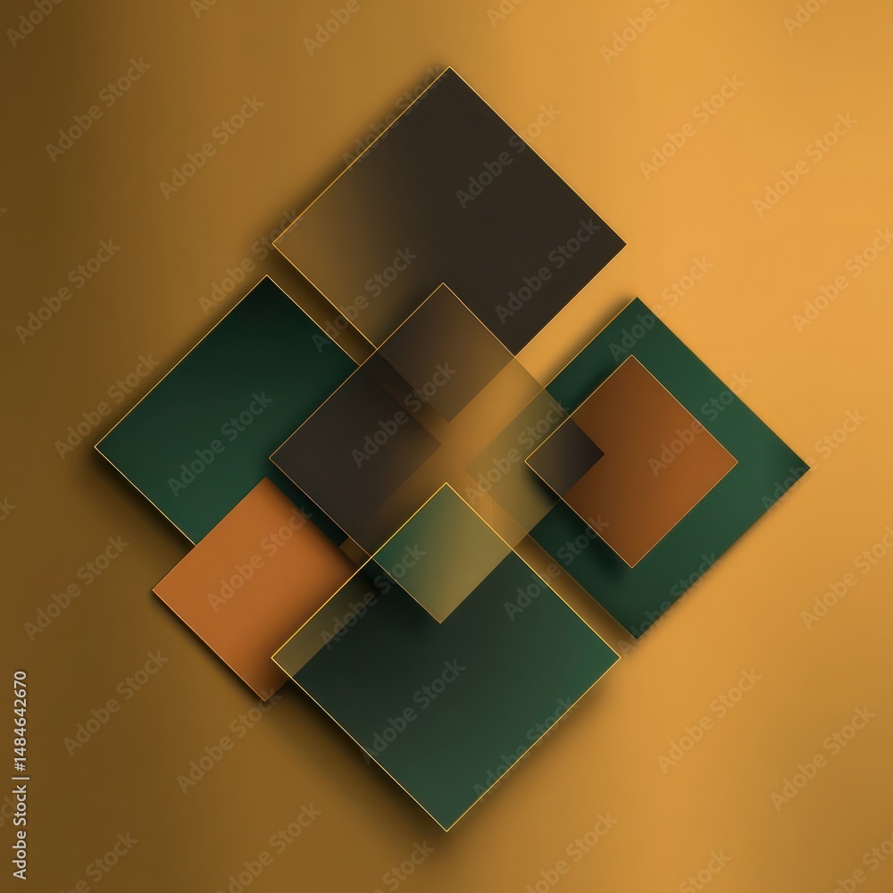 Poster fluid diamond forms in forest green and dark brown with subtle gradients are set against a golden ba