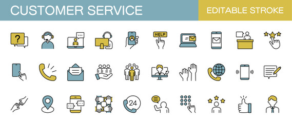 Colored customer service icon set. Containing call, chat, information, feedback, operator and technical support. Editable stroke. Vector illustration