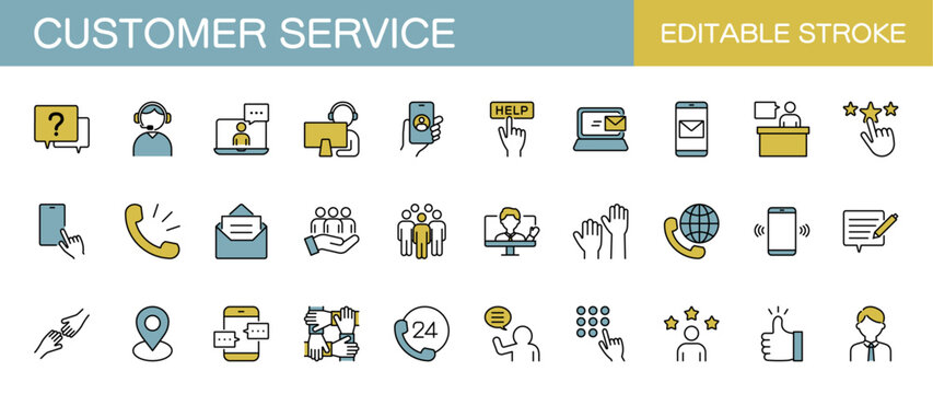 Colored customer service icon set. Containing call, chat, information, feedback, operator and technical support. Editable stroke. Vector illustration