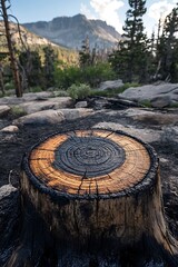 Burnt tree stump in mountain meadow