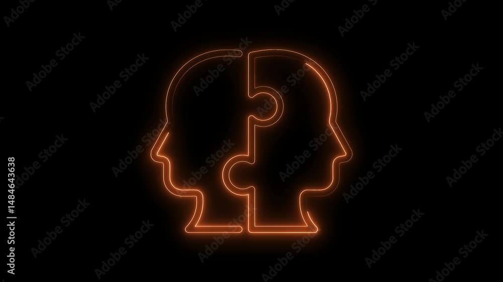 Poster glowing puzzle head silhouette animation symbolizing collaboration and problem solving with orange l