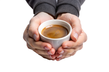 Close up of two hands holding a small white cup filled with dark brown liquid on a black background