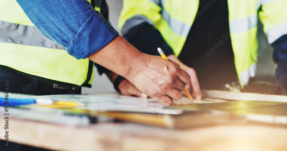 Poster Collaboration, hands and writing with construction worker people closeup on building site for planning. Architecture, blueprints and floor plan with engineering team on worksite for development