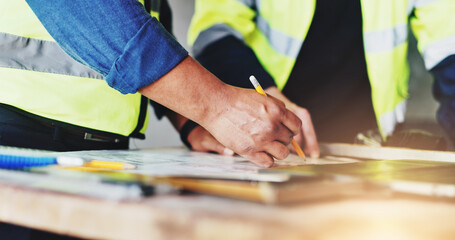 Obraz premium Collaboration, hands and writing with construction worker people closeup on building site for planning. Architecture, blueprints and floor plan with engineering team on worksite for development