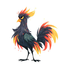 Obraz premium Stylized rooster with fiery plumage and dark feathers, exuding an intense and brooding presence.