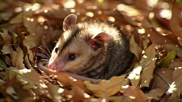 Closeup of Opossum Surrounded by Colorful Autumn Leaves and Sunlight in Natural Habitat