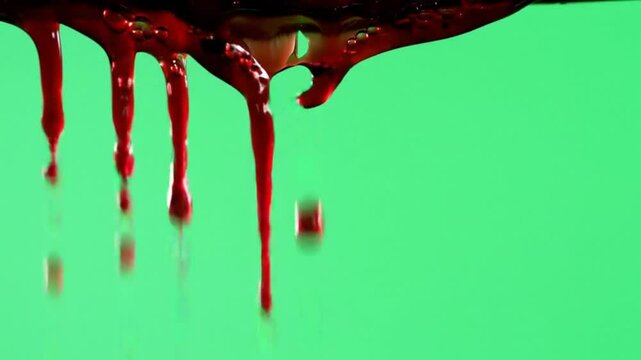 Blood or Red Liquid Dripping on Green Screen &ndash; Chroma Key VFX, Horror Film Asset, Seamless Post-Production Overlay

