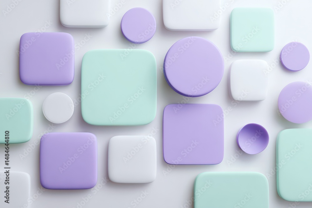 Poster minimal liquid squares and circles in lavender and mint are arranged in an abstract design on white.