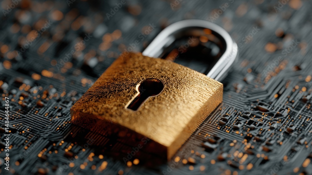 Aufkleber digital security shield: a close-up shot of a gold padlock, a symbol of security and protection, res
