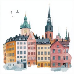 Gamla Stan. Gamla Stan hand drawn watercolor illustration