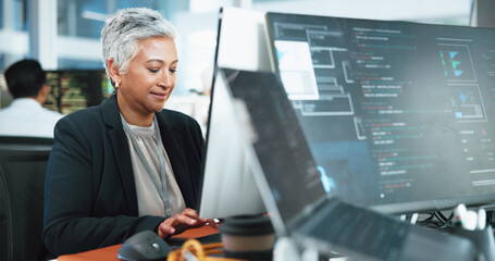 Business, computer screen and woman in office, programming or software update for trading. People,...