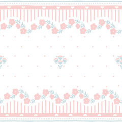 Vintage flower stripe pattern with pink blossoms on green striped background. Vector cute cartoon hand drawn illustration. Ideal textile printing, baby clothes, wallpaper, scrubbing.
