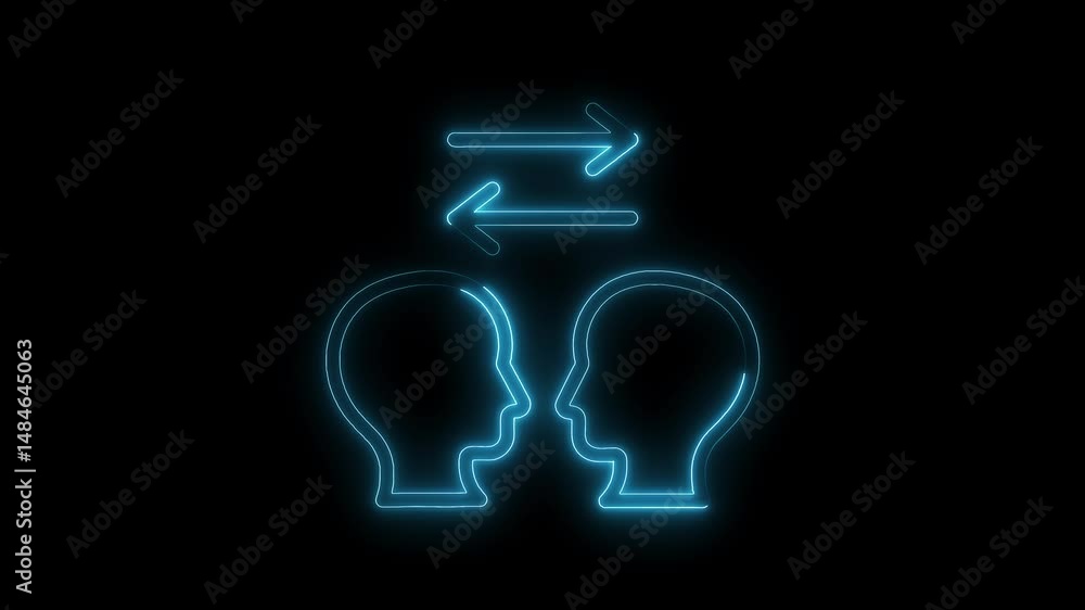 Poster digital collaboration concept animated blue neon heads exchanging ideas in a seamless loop