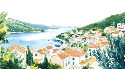 Fototapeta na wymiar Hvar. Hvar hand drawn watercolor illustration