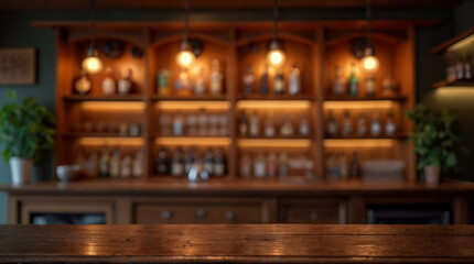 empty wooden shelf, ambient lighting, spotlights illuminating sections, warm light tones, blurred bar in the background
