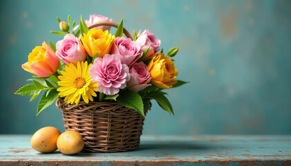 Obraz premium Vibrant Easter flowers in a rustic basket, ready for spring celebrations , floral arrangement, fresh
