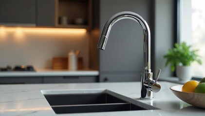 Modern kitchen faucet with gleaming chrome finish and elegant design, installed on a stylish countertop , stainless steel, water fixture