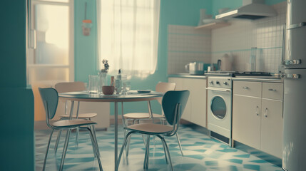 A stylish kitchen featuring aqua walls, a round table, and sleek appliances, evoking a fresh and inviting atmosphere.