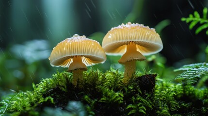 Fototapeta premium Two mushrooms in rain forest