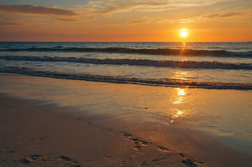 Closeup sea sand beach. Panoramic beach landscape. Inspire tropical beach seascape horizon. Orange and golden sunset sky calmness tranquil relaxing sunlight summer mood