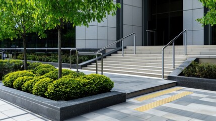 Udomsup top handicap ramp provides access to the building entrance in a realistic architectural photography with ample copy space for text or design elements.
