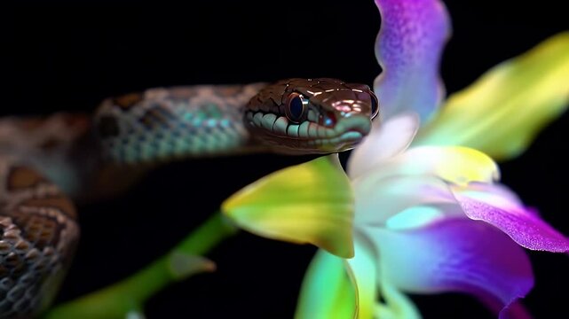 Detailed Brown Snake with Patterned Scales and Vibrant Orchid Flower on Black Background