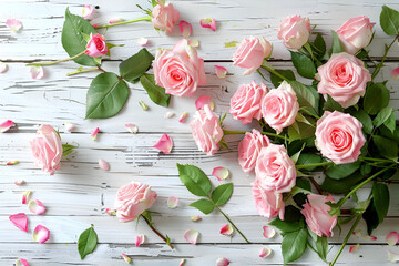 Birthday Celebration Image with Pink Roses and Rustic Wooden Background for Greeting Card Use