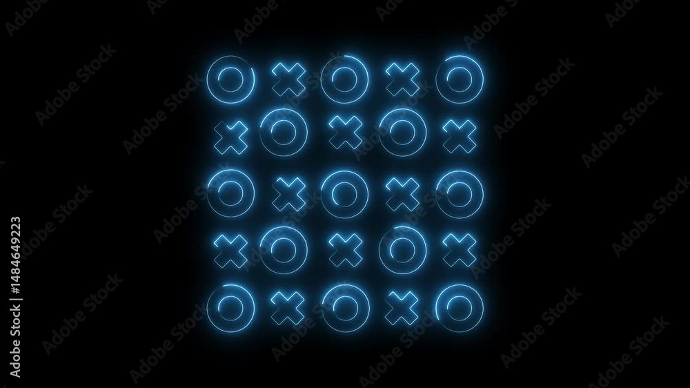 Poster neon tic tac toe grid animation over black background classic game design