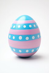A colorful Easter egg, light blue and pink horizontal stripes with white polka dots