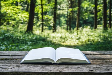 Open book on rustic wood, forest backdrop