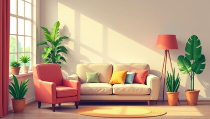 Cozy living room clipart featuring a couch, armchair, lamp, and houseplants , design element, graphic, family home
