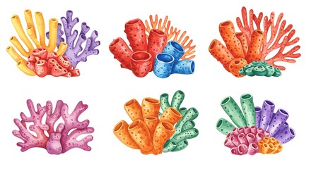 Colorful Watercolor Coral Reef Illustrations on White Background
